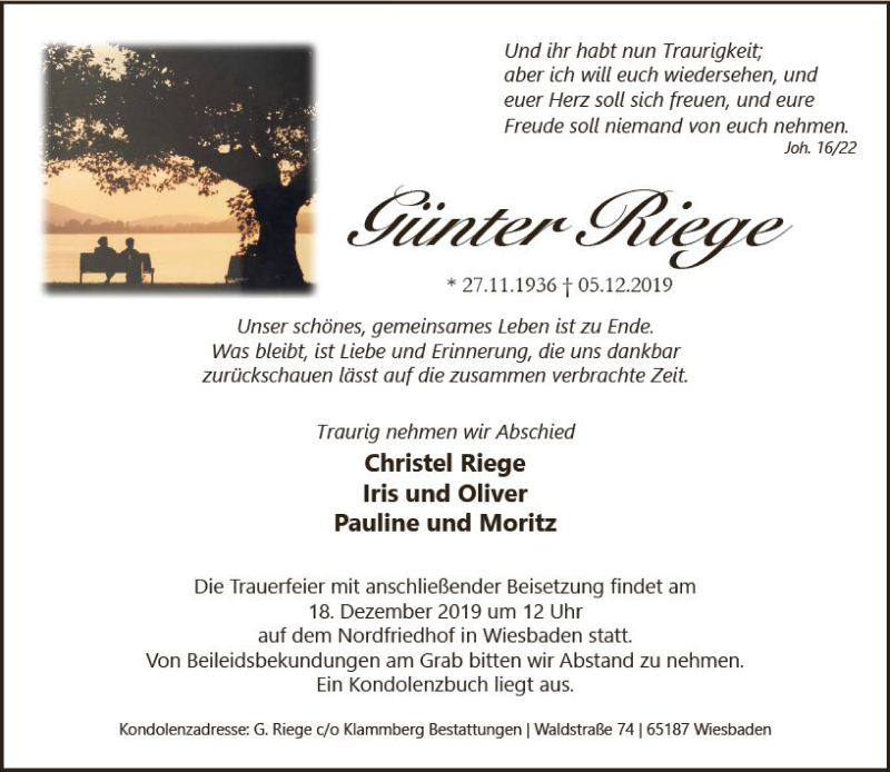  Traueranzeige für Günter Riege vom 14.12.2019 aus vrm-trauer