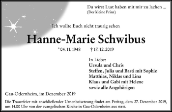 Traueranzeige von Hanne-Marie Schwibus von vrm-trauer