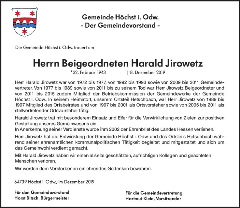  Traueranzeige für Harald Jirowetz vom 21.12.2019 aus vrm-trauer