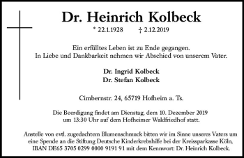 Traueranzeige von Heinrich Kolbeck von vrm-trauer