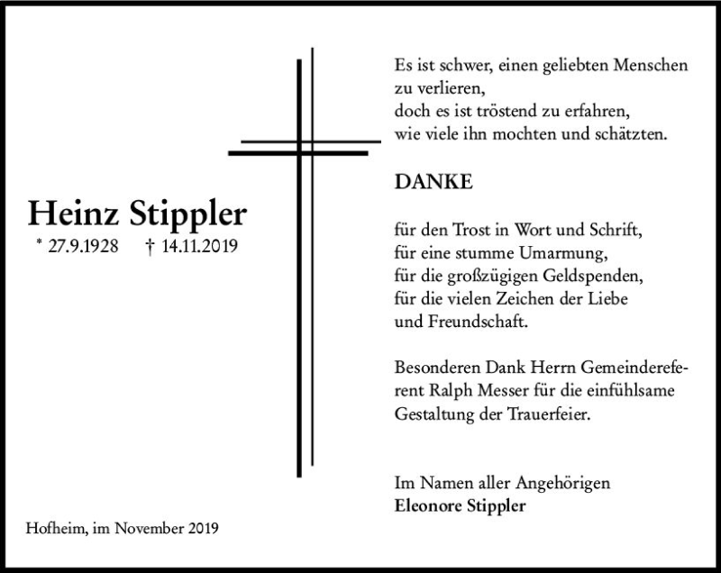  Traueranzeige für Heinz Stippler vom 06.12.2019 aus vrm-trauer