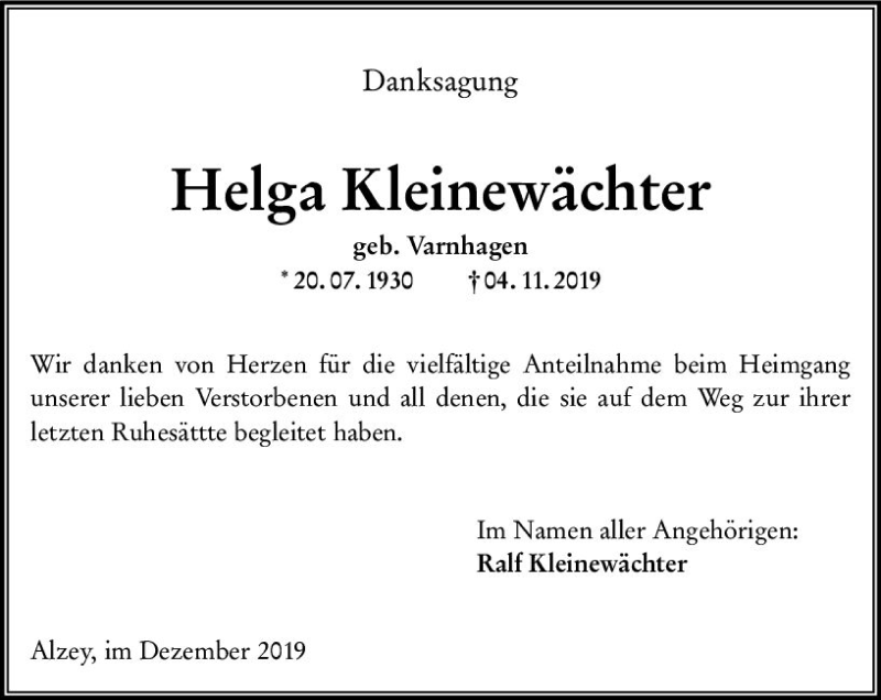  Traueranzeige für Helga Kleinewächter vom 21.12.2019 aus vrm-trauer