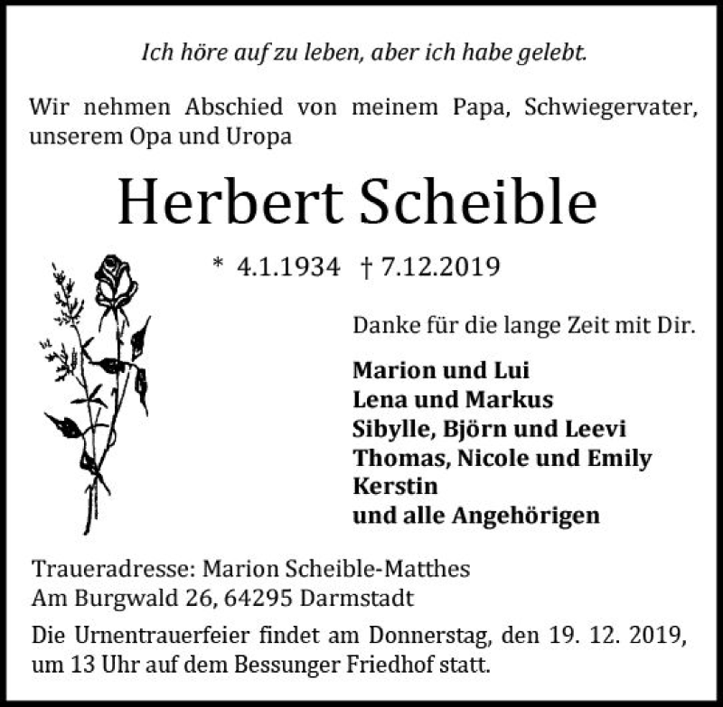  Traueranzeige für Herbert Scheible vom 14.12.2019 aus vrm-trauer