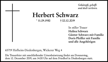 Traueranzeige von Herbert Schwarz von vrm-trauer