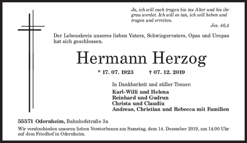  Traueranzeige für Hermann Herzog vom 12.12.2019 aus vrm-trauer
