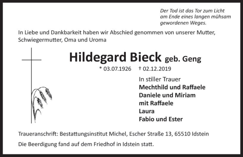  Traueranzeige für Hildegard Bieck vom 14.12.2019 aus vrm-trauer