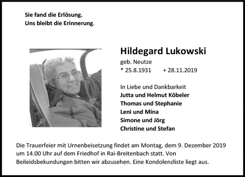  Traueranzeige für Hildegard Lukowski vom 07.12.2019 aus vrm-trauer