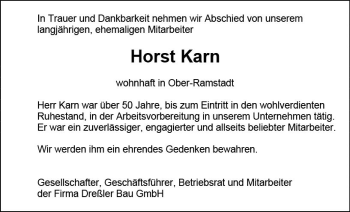 Traueranzeige von Horst Karn von vrm-trauer