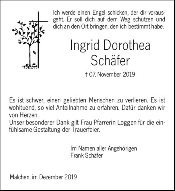Traueranzeige von Ingrid Dorothea Schäfer von vrm-trauer