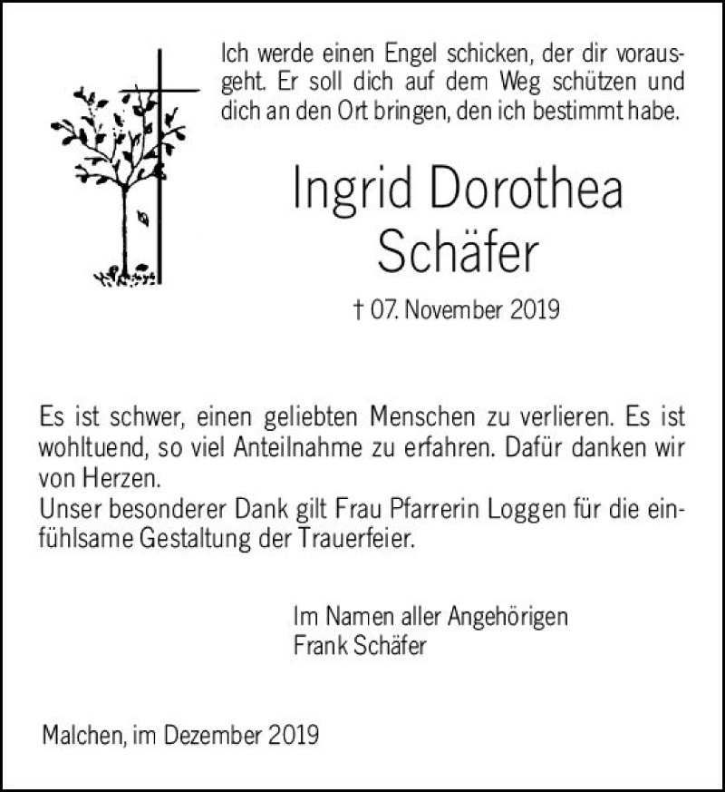  Traueranzeige für Ingrid Dorothea Schäfer vom 14.12.2019 aus vrm-trauer