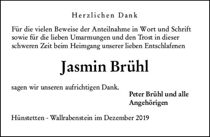 Traueranzeige für Jasmin Brühl vom 14.12.2019 aus vrm-trauer