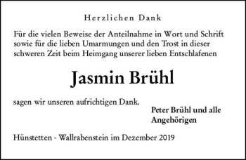 Traueranzeige von Jasmin Brühl von vrm-trauer