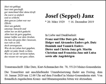 Traueranzeige von Josef Seppel Janz von vrm-trauer