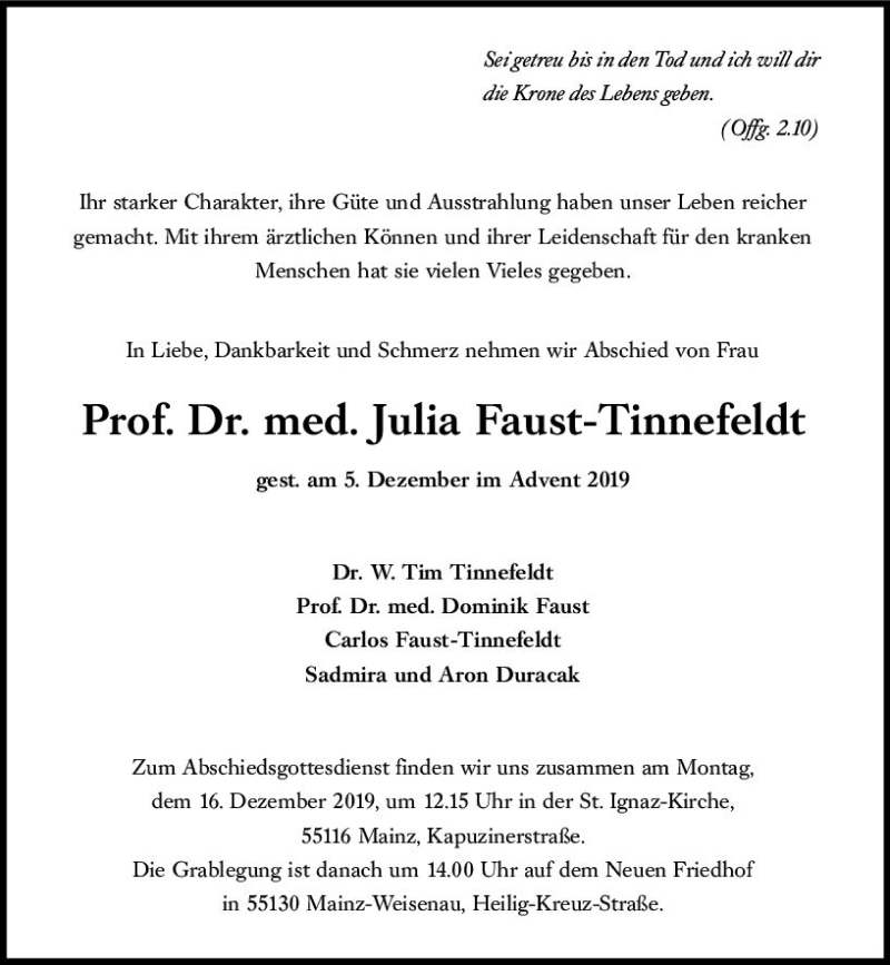  Traueranzeige für Julia Faust-Tinnefeldt vom 11.12.2019 aus vrm-trauer