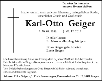 Traueranzeige von Karl-Otto Geiger von vrm-trauer