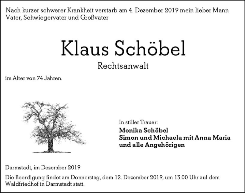 Traueranzeige für Klaus Josef Schöbel vom 07.12.2019 aus vrm-trauer