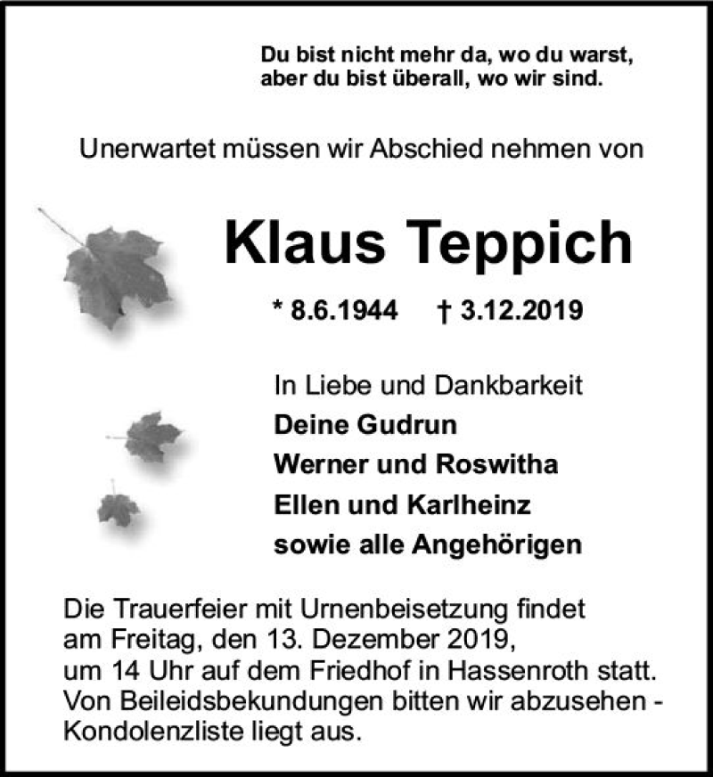  Traueranzeige für Klaus Teppich vom 11.12.2019 aus vrm-trauer