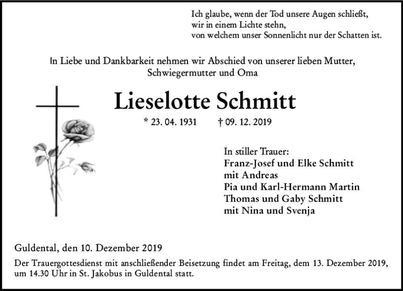  Traueranzeige für Lieselotte Schmitt vom 10.12.2019 aus vrm-trauer