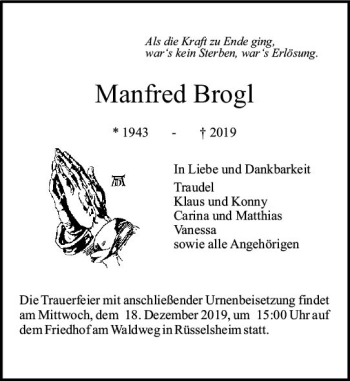 Traueranzeige von Manfred Brogl von vrm-trauer
