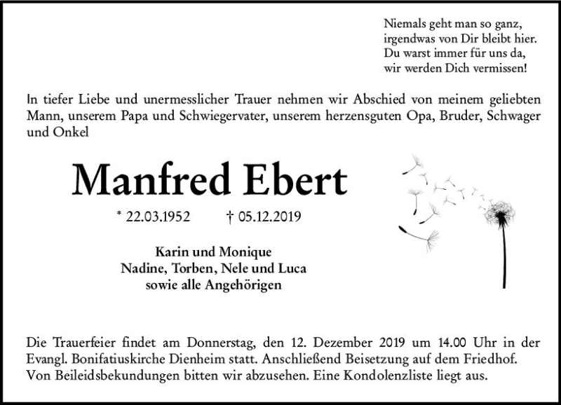  Traueranzeige für Manfred Ebert vom 10.12.2019 aus vrm-trauer
