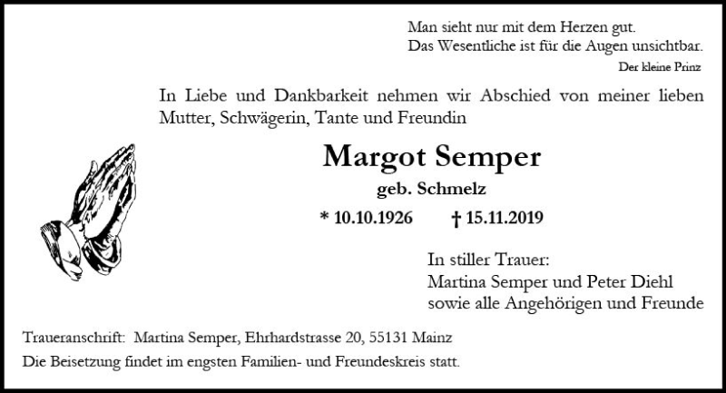  Traueranzeige für Margot Semper vom 07.12.2019 aus vrm-trauer