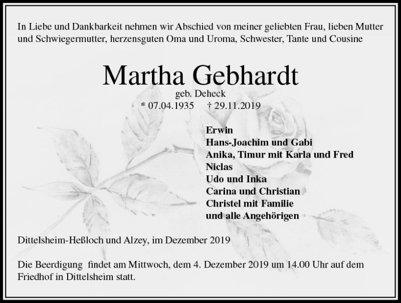  Traueranzeige für Martha Gebhardt vom 02.12.2019 aus vrm-trauer