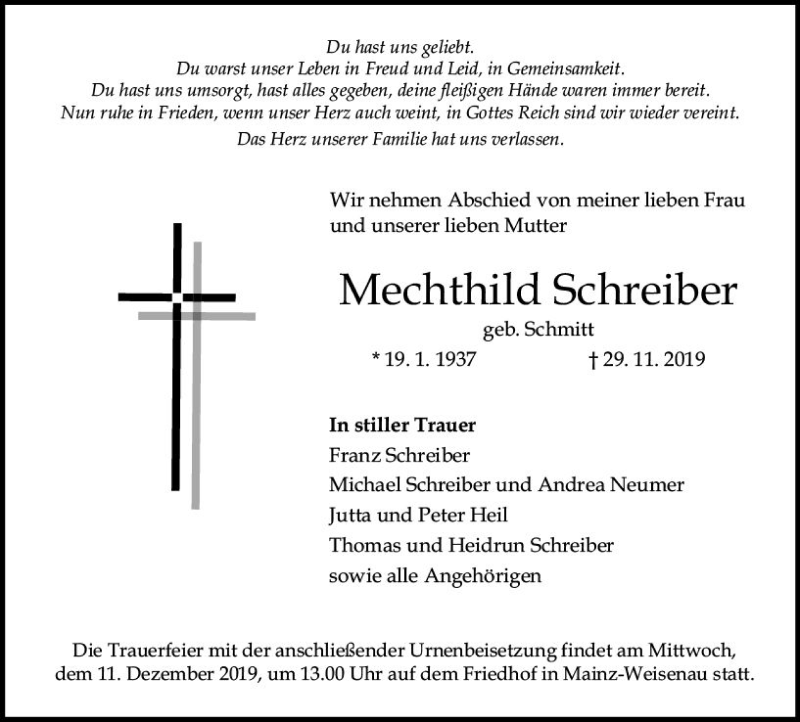  Traueranzeige für Mechthild Schreiber vom 07.12.2019 aus vrm-trauer