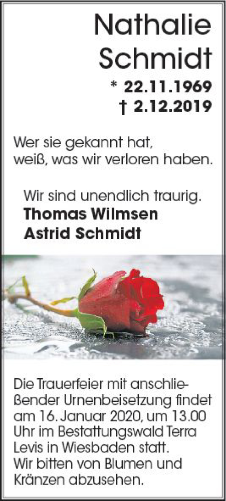  Traueranzeige für Nathalie Schmidt vom 14.12.2019 aus vrm-trauer