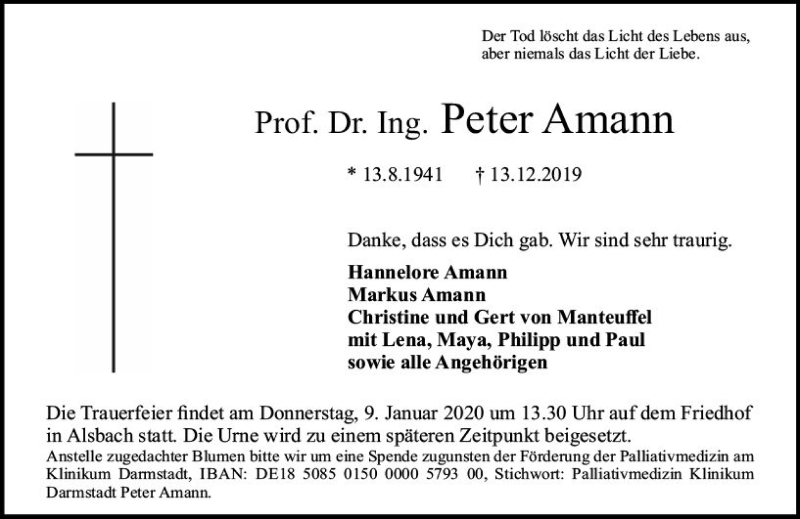  Traueranzeige für Peter Amann vom 21.12.2019 aus vrm-trauer