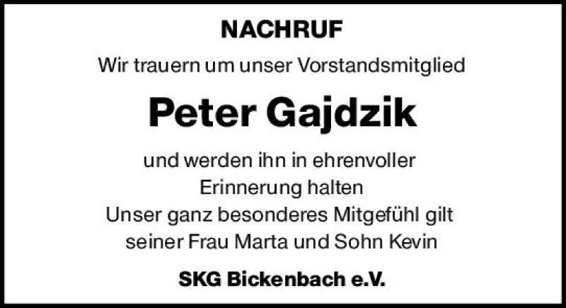  Traueranzeige für Peter Gajdzik vom 21.12.2019 aus vrm-trauer