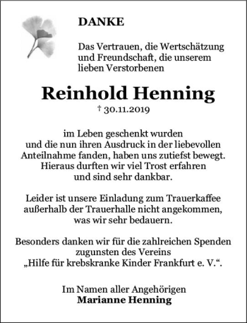 Traueranzeige von Reinhold Henning von vrm-trauer