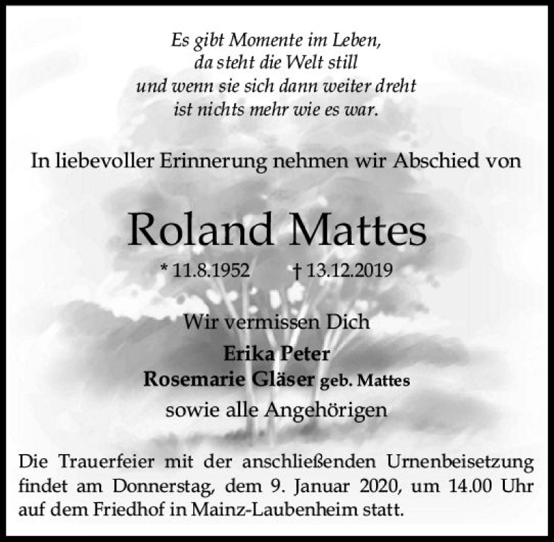 Traueranzeige für Roland Mattes vom 21.12.2019 aus vrm-trauer