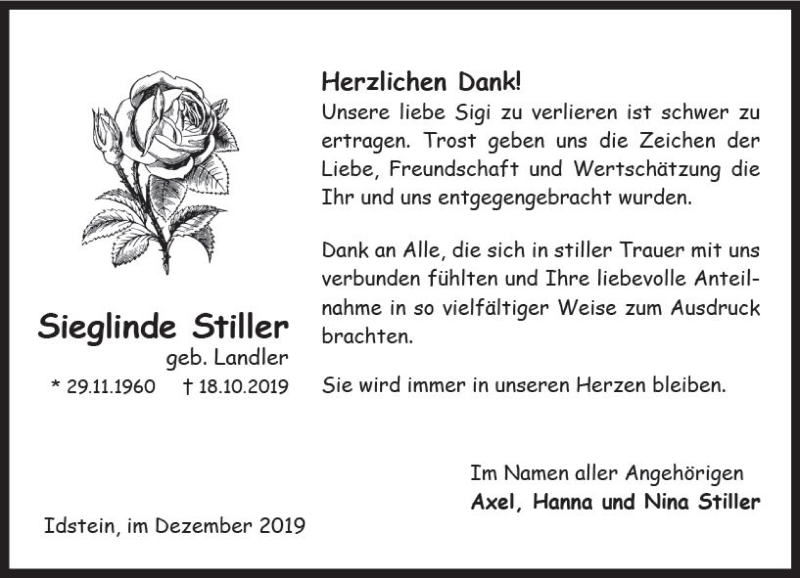  Traueranzeige für Sieglinde Stiller vom 14.12.2019 aus vrm-trauer