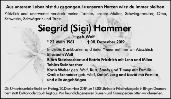 Traueranzeige von Siegrid Hammer von vrm-trauer