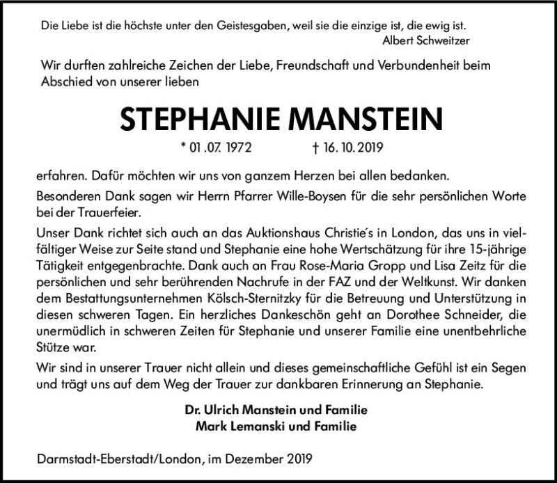  Traueranzeige für Stephanie Manstein vom 14.12.2019 aus vrm-trauer
