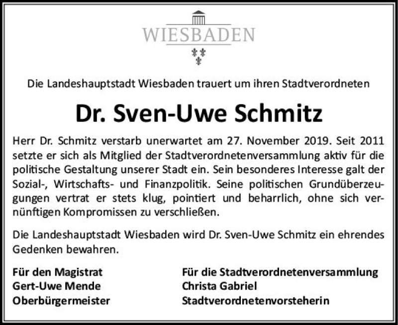 Traueranzeige für Sven-Uwe Schmitz vom 10.12.2019 aus vrm-trauer