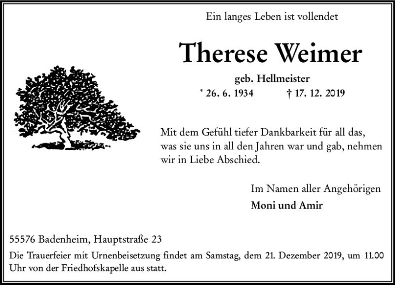  Traueranzeige für Therese Weimer vom 19.12.2019 aus vrm-trauer