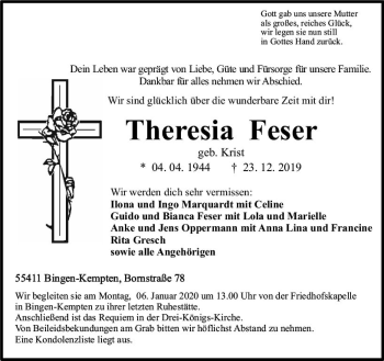 Traueranzeige von Theresia Feser von vrm-trauer