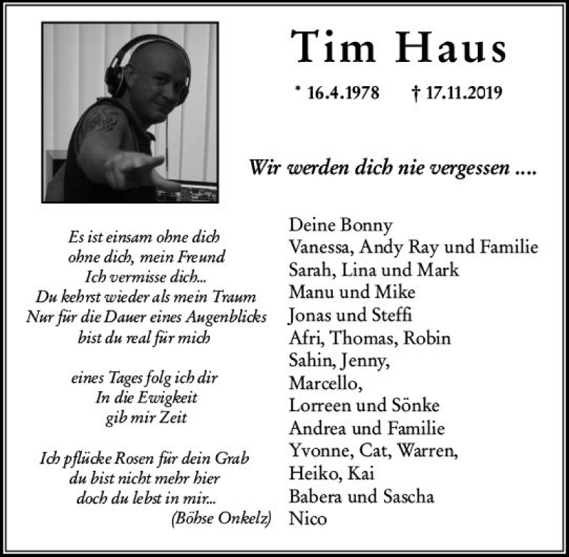  Traueranzeige für Tim Haus vom 04.12.2019 aus vrm-trauer