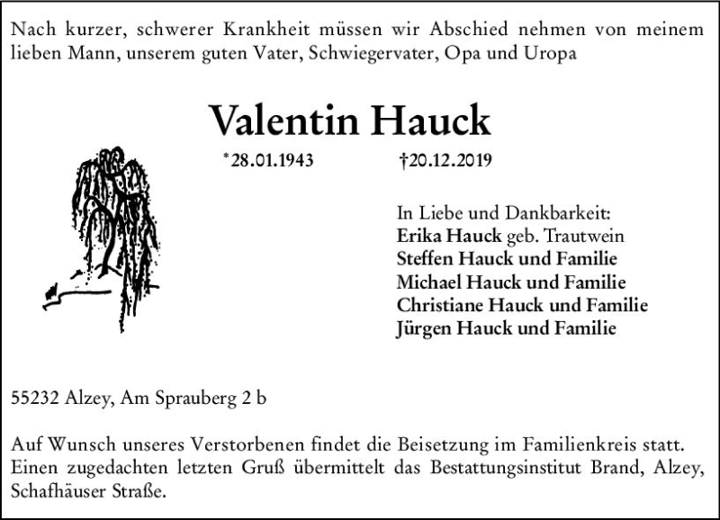  Traueranzeige für Valentin Hauck vom 21.12.2019 aus vrm-trauer