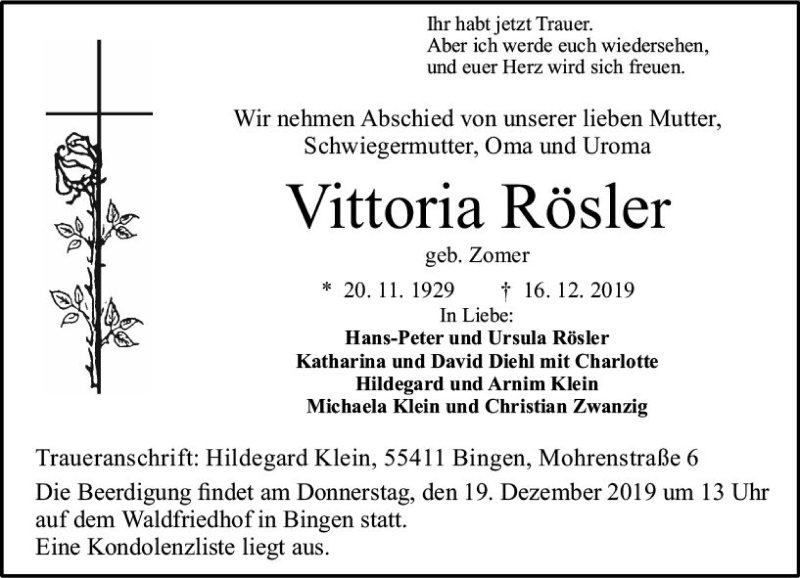  Traueranzeige für Vittoria Rösler vom 17.12.2019 aus vrm-trauer