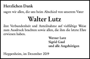 Traueranzeige von Walter Lutz von vrm-trauer