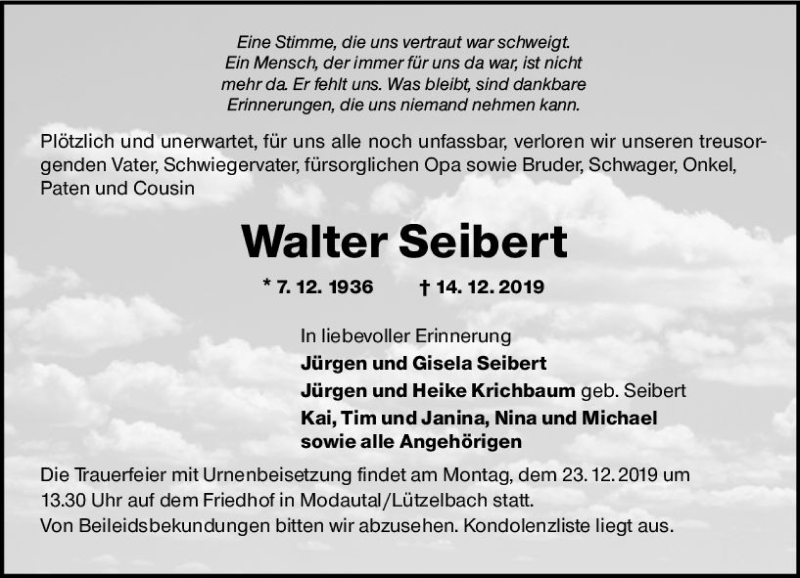  Traueranzeige für Walter Seibert vom 21.12.2019 aus vrm-trauer