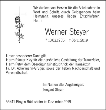 Traueranzeige von Werner Steyer von vrm-trauer