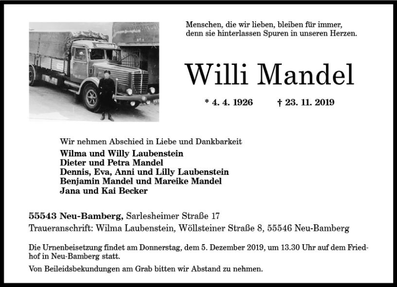  Traueranzeige für Willi Mandel vom 03.12.2019 aus vrm-trauer