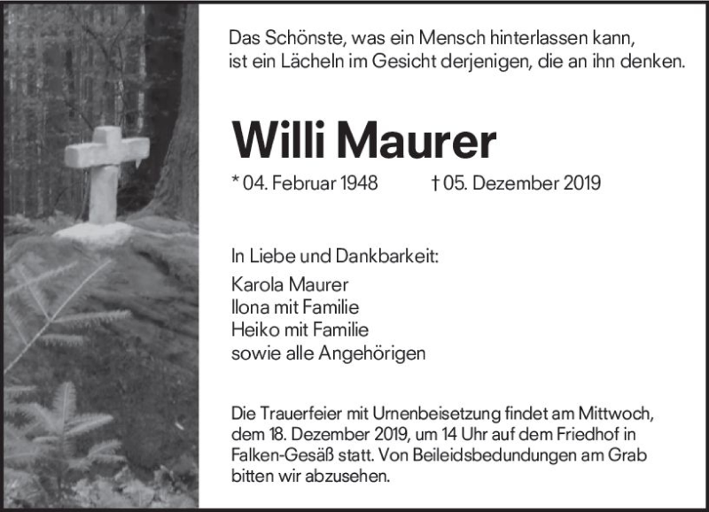  Traueranzeige für Willi Maurer vom 14.12.2019 aus vrm-trauer