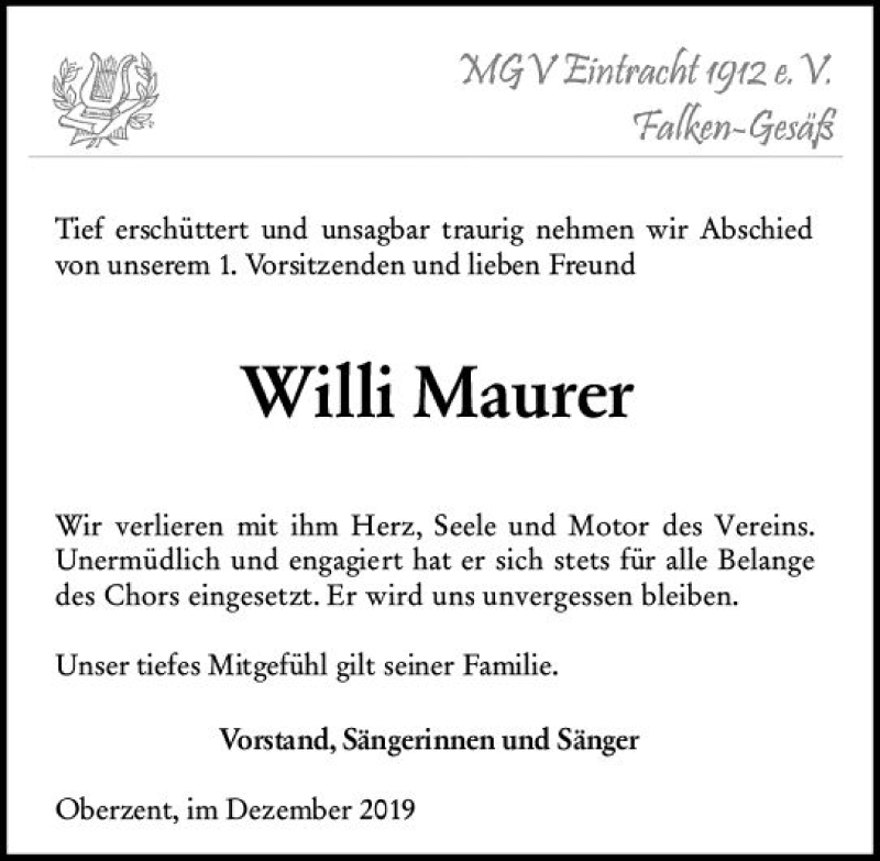  Traueranzeige für Willi Maurer vom 14.12.2019 aus vrm-trauer