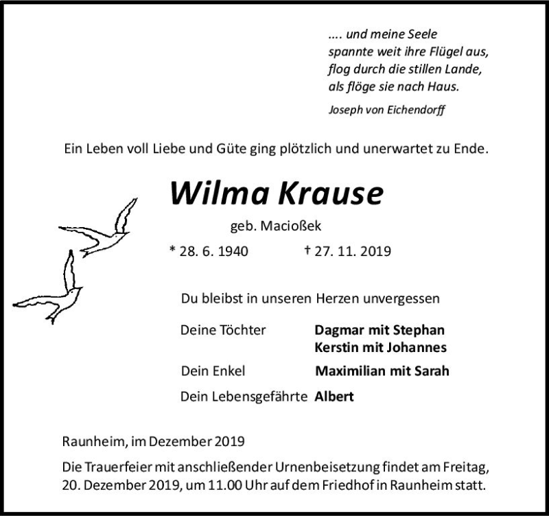  Traueranzeige für Wilma Krause vom 07.12.2019 aus vrm-trauer