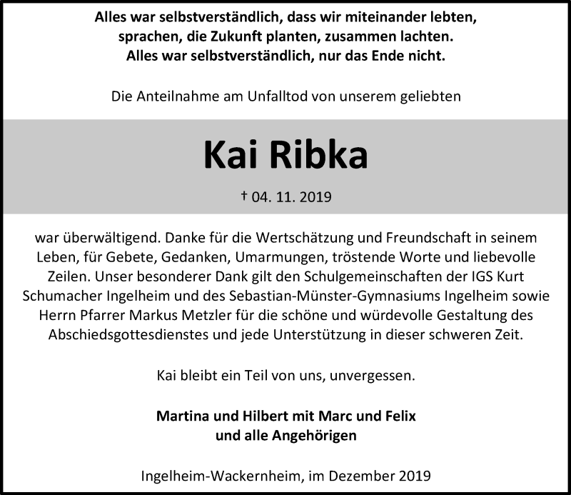  Traueranzeige für Kai Ribka vom 14.12.2019 aus VRM Tageszeitungen