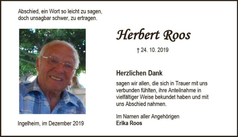  Traueranzeige für grerbert dos vom 14.12.2019 aus vrm-trauer